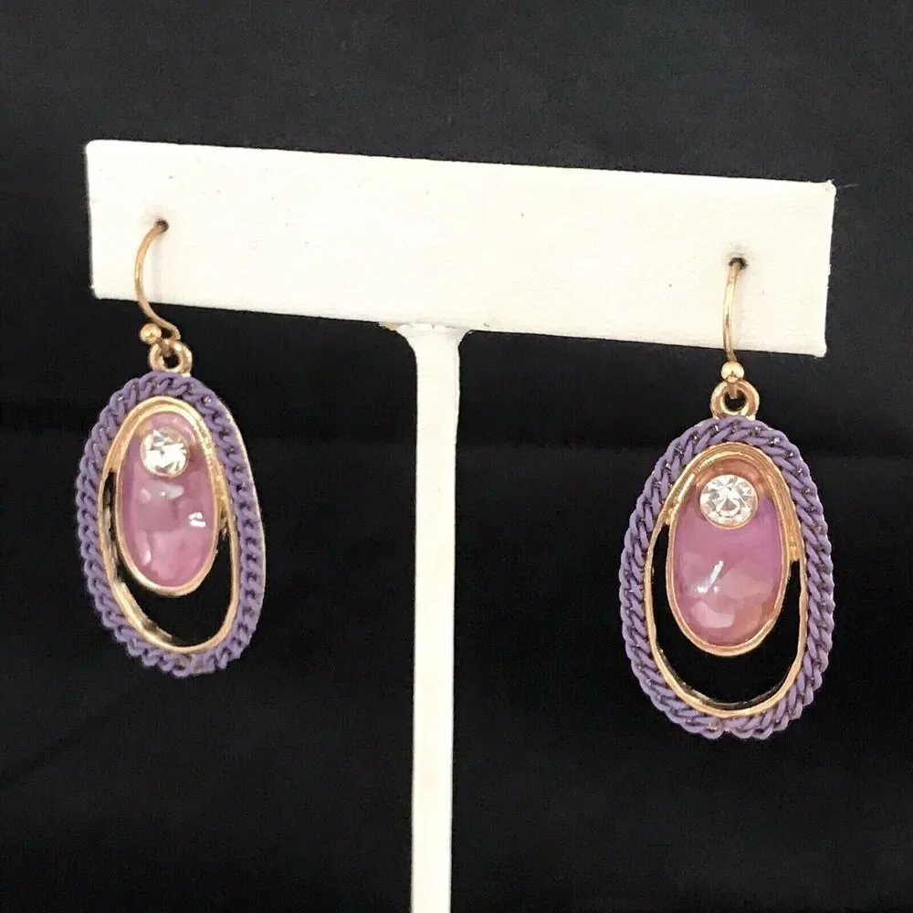 New Purple Enamel Earrings Gold Tone Crystal Dangle Women's - 1K